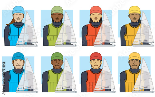 diversity, race, ethnicity of sailboat crew vector icons, male and female, wearing wetsuit, cap and life vest, including 470 dinghy sailboat, isolated on a white background