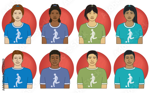 diversity, race, ethnicity of kickball player vector icons, male and female, including red kickball, isolated on a white background