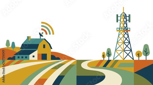 Geometric rural landscape with a farmhouse and cell tower illustrating broadband internet and smart farming technology infrastructure