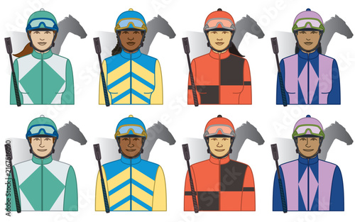 diversity, race, ethnicity of horse racing jockey vector icons, male and female, wearing silks, colours and helmet, including riding crop and race horse, isolated on a white background
