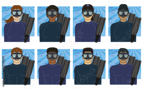 diversity, race, ethnicity of free diving diver vector icons, male and female, wearing mask and goggles, including long blade fins and underwater scene, isolated on a white background