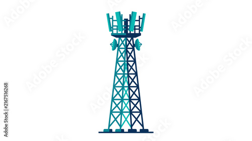 Flat vector illustration of a telecommunications tower with signal antennas and satellite dishes isolated on white background