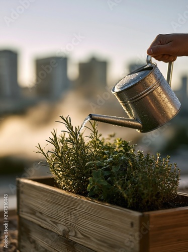 Gardening watering can pouring water on fresh plants