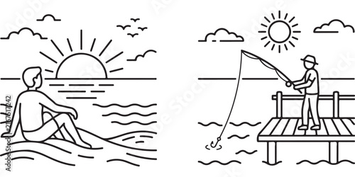 Line art illustration of beach and fishing scenes