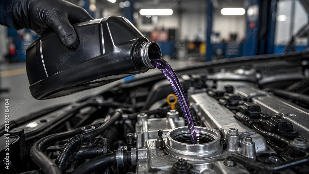 Obraz premium A professional mechanic wearing black gloves is pouring purple synthetic engine oil into a car motor inside modern repair shop.