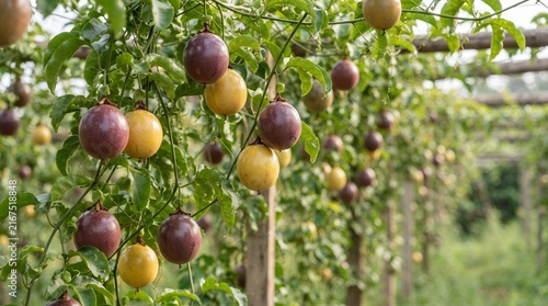 Rows of ripe passion fruit hanging from vines in a lush green orchard, ready for harvest