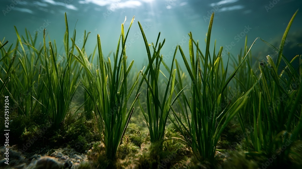Fototapeta premium Underwater view of vibrant green seagrass swaying gently in clear shallow water with sunlight filtering through the surface