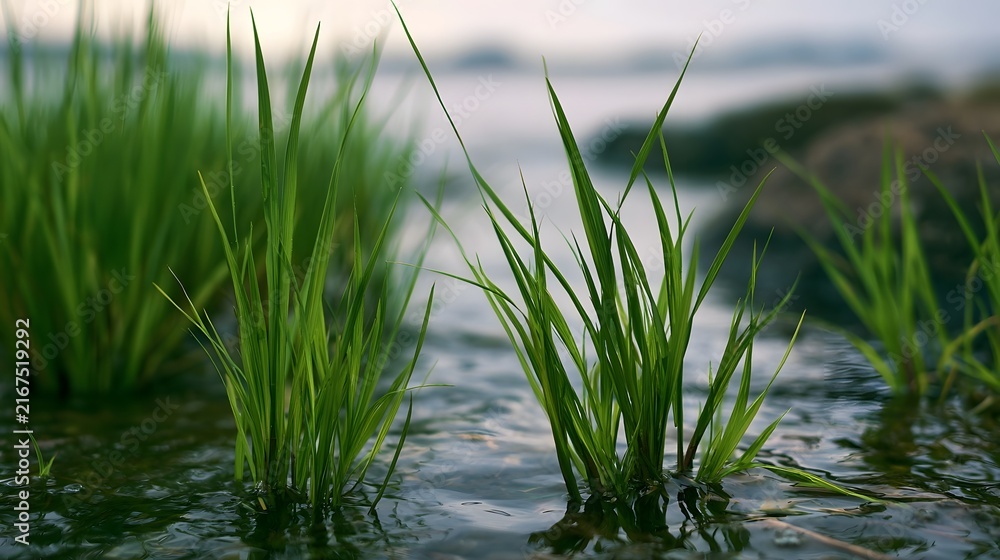 Obraz premium Tall green grass blades rise from calm shallow water with soft blurred background and natural lighting