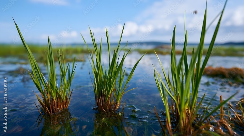 Fototapeta premium Tall green grasses rise from calm shallow water under a bright blue sky with scattered clouds