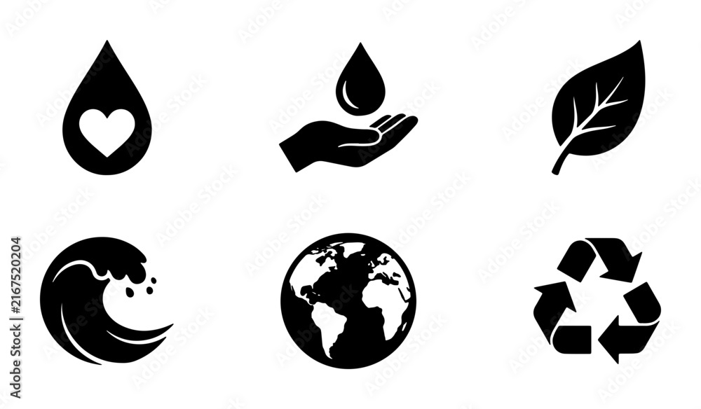 Fototapeta premium Eco-friendly Icons Set: Water Drop Heart, Hand Holding Water, Leaf, Wave, Planet Earth, Recycling Symbol, Vector Graphics for Sustainability and Conservation
