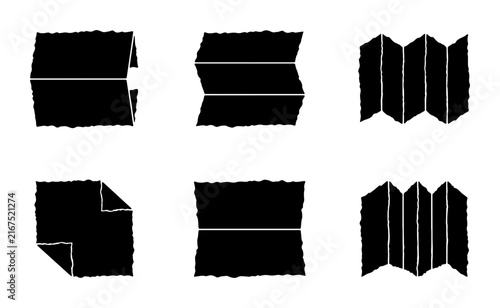 Set of 6 Black Folded Paper Icons, Torn Edge Document Graphics, Origami Shapes, Abstract Geometric Art, Vector Illustrations for Design