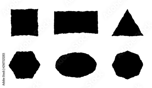 Set of 6 Black Geometric Shapes with Torn Edges, Vector Icons for Design Projects, Abstract Forms