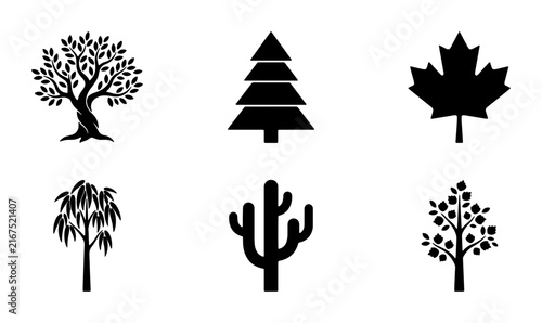 Diverse Tree Icons Set, Nature Elements Collection, Botanical Vector Graphics, Forest Symbols, Leaf Shapes, Plant Silhouettes