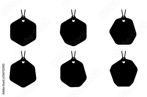 Set of 6 Black Irregular Hexagonal Tag Shapes, Blank Price Labels, Geometric Hanging Tags, Simple Retail Sale Icons, Modern Product Markers, Graphic Design Elements