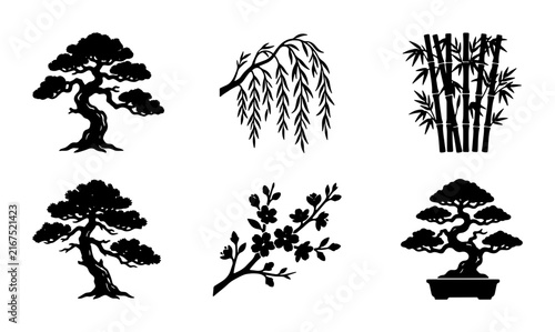 Black Silhouette Tree Icons: Bonsai, Willow, Bamboo, and Cherry Blossom Vector Set for Nature and Zen Design