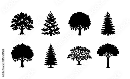 Diverse Tree Silhouettes Collection, Nature Vector Icons, Forest Elements, Woodland Graphics, Organic Shapes, Botanical Illustrations, Seasonal Symbols