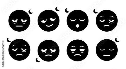 Sleepy Emoticons, Tired Faces, Exhausted Expressions, Black and White Icons, Vector Set