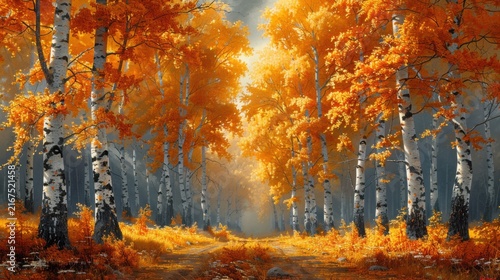 Trees with golden leaves in autumn forest