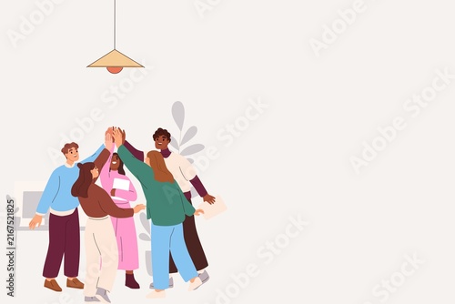A flat vector illustration of a diverse business team giving a high five together in a minimalist office setting, representing corporate teamwork, celebration, unity, and inclusion.