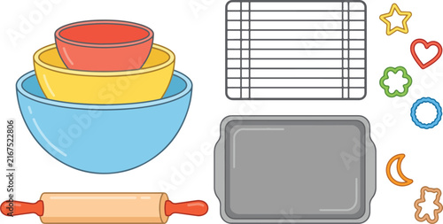 Colorful cartoon collection featuring various baking utensils including stacked mixing bowls, a rolling pin, a cooling rack, a metal baking sheet, and assorted cookie cutters for pastry chefs