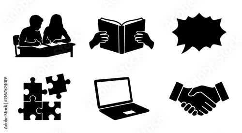 Business Icons Set: Collaboration, Learning, Communication, Strategy, Technology, Partnership, Vector Graphics