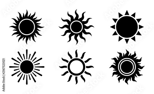 Six Diverse Sun Icons, Black and White Vector Graphics, Celestial Body Symbols for Weather, Summer, and Energy Concepts