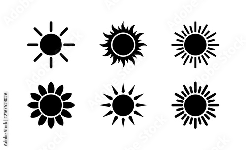 Sun Icons Set, Celestial Body Vector Graphics, Summer Solstice Symbols, Weather Element Illustrations, Black and White Solar Shapes
