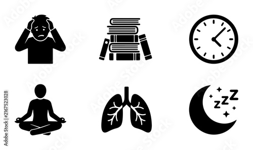 Stress Relief Icons: Meditation, Books, Time, Lungs, Sleep, Anxiety Icons. Vector Graphics for Wellness and Health Concepts.