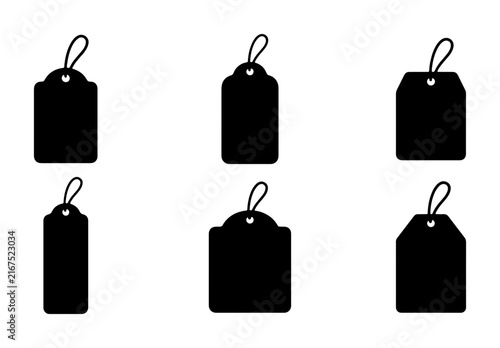 Black Silhouette Price Tags, Vector Labels Set, Retail Sale Hang Tags, Blank Product Tags Collection, Graphic Design Elements