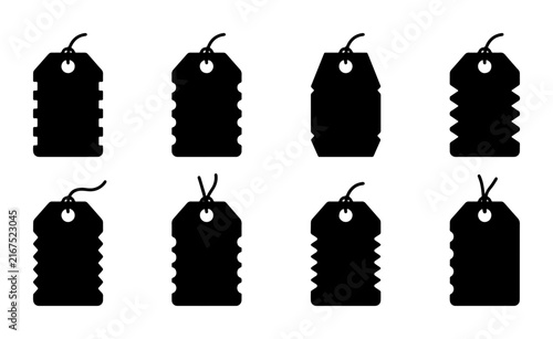 Set of 8 Black Silhouette Price Tags, Sale Labels, and Hang Tags with String, Vector Collection for Retail and E-commerce