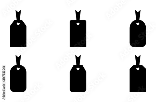 Set of Six Black Tag Icons, Blank Price Labels, Retail Sale Hangtags, Vector Graphic Elements for Commerce and Marketing