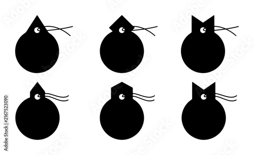 Six Minimalist Black Mouse Icons, Simple Vector Characters, Cute Animal Graphics, Whimsical Rodent Emblems, Modern Digital Art, Playful Creature Symbols