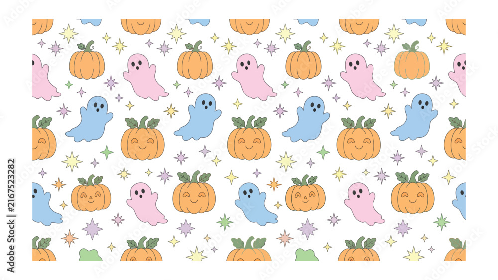 Fototapeta premium Spooky Cute Halloween Pattern: A delightful and whimsical pattern featuring cute pumpkins and friendly ghosts in pastel colors, adorned with sparkling stars, perfect for festive decorations.