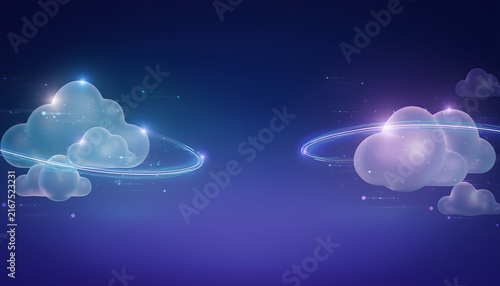 Abstract cloud computing technology illustration featuring glowing digital clouds connected by luminous light rings over a dark background