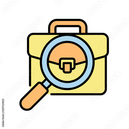 Flat vector briefcase with magnifying glass icon, yellow business case search symbol, line and filled illustration for UI, web, apps