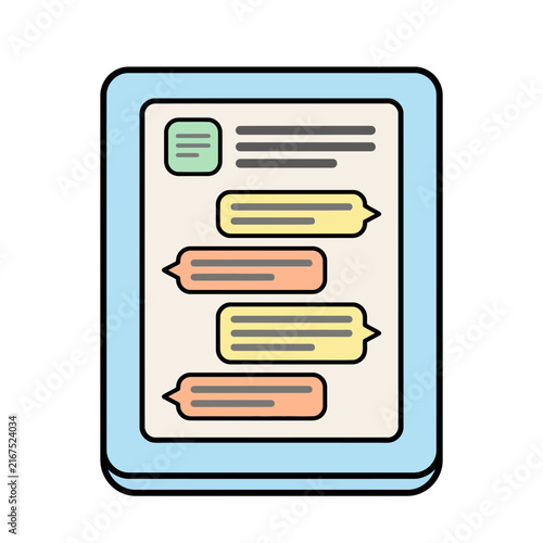 Flat vector tablet screen with chat messages, pastel blue and beige UI illustration, mobile messenger conversation icon for app, web, support