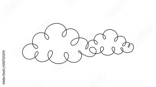 A minimalist continuous line drawing of whimsical clouds isolated on white background