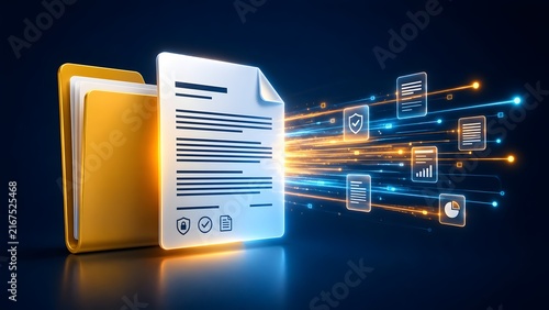 Secure digital document and yellow folder with glowing lock and shield icons representing encrypted data transfer and privacy