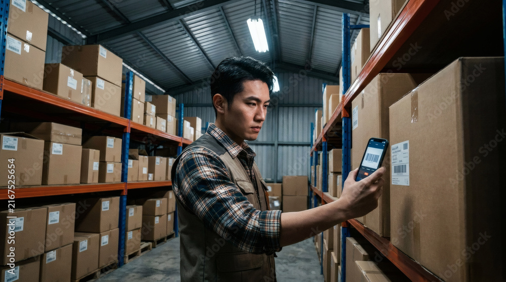Fototapeta premium Focused Asian man using a smartphone to scan packages and manage inventory in a small warehouse.
