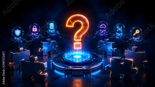 Naklejka Glowing question mark surrounded by puzzle pieces and digital network nodes representing technological problem solving and cyber security solutions