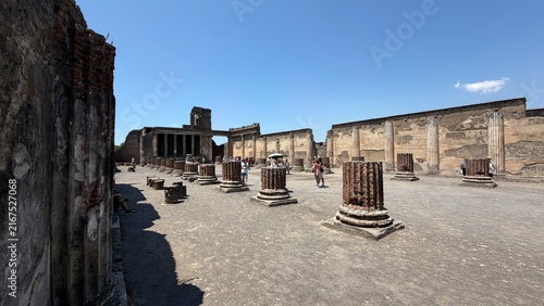 Ancient Roman Forum with Columns and Monumental Structures in Pompeii, Italy
