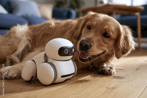 Golden retriever plays with modern robot companion inside a home