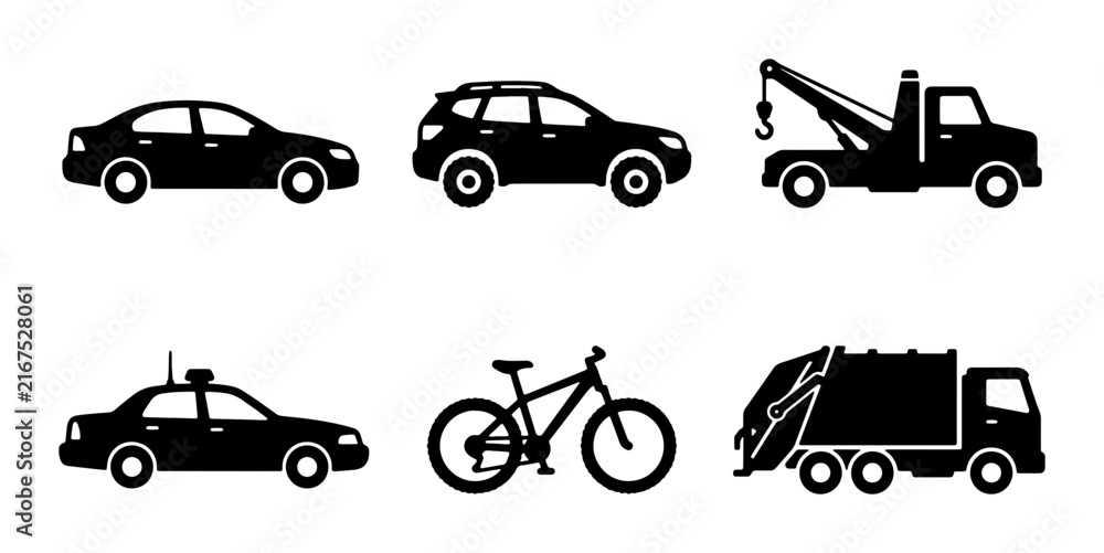 Naklejka premium Diverse Vehicle Icons Set: Sedan, SUV, Tow Truck, Autonomous Car, Bicycle, Garbage Truck, Transportation Symbols