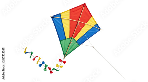 Canvastavla Colorful diamond kite with yellow blue red and green panels flying high for outdoor summer playtime