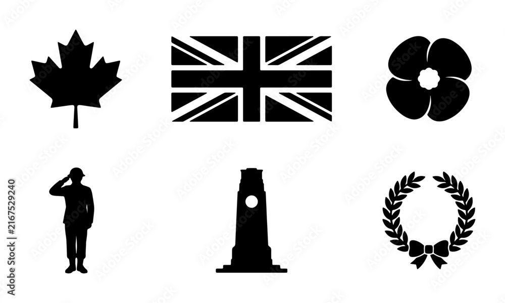 Fototapeta premium Remembrance Day Vector Icons: Canadian Maple Leaf, Union Jack Flag, Poppy, Soldier Saluting, War Memorial, Laurel Wreath