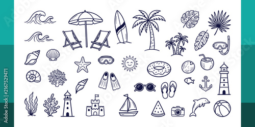 Summer Beach Doodle Vector Set with Ocean Waves, Palm Trees, Seashells and Tropical Elements