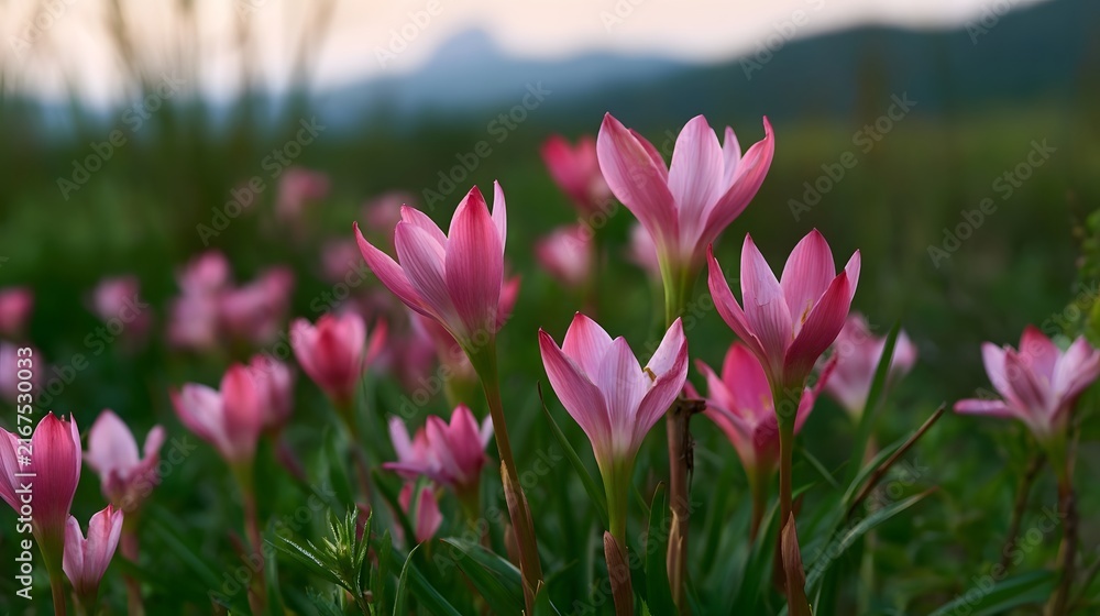 Obraz premium Pink flowers bloom in soft clusters across a green field with distant hills under a hazy sky