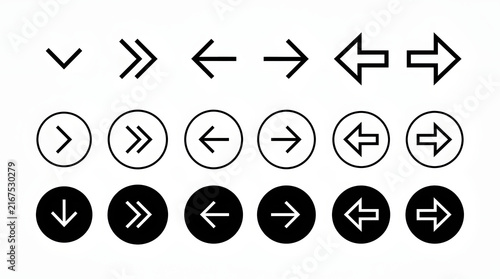 Set of black and white directional arrow icons in circles with white