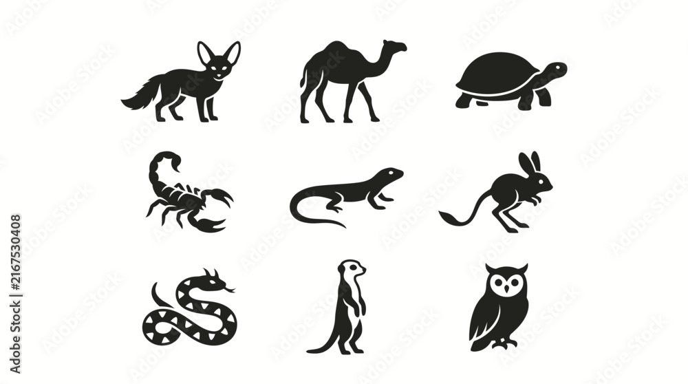 Obraz premium Black silhouettes of various desert animals including a fennec fox, camel, tortoise, scorpion, lizard, jerboa, snake, meerkat, and owl on a white background.