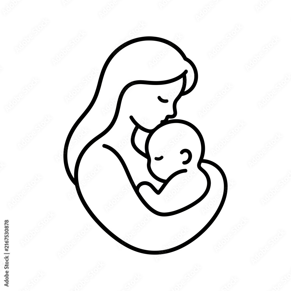Fototapeta premium Mother holding newborn baby line art icon representing maternal love.